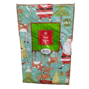 New Christmas Vinyl Tablecloth Teal Santa 52" x 70" Happy Holiday